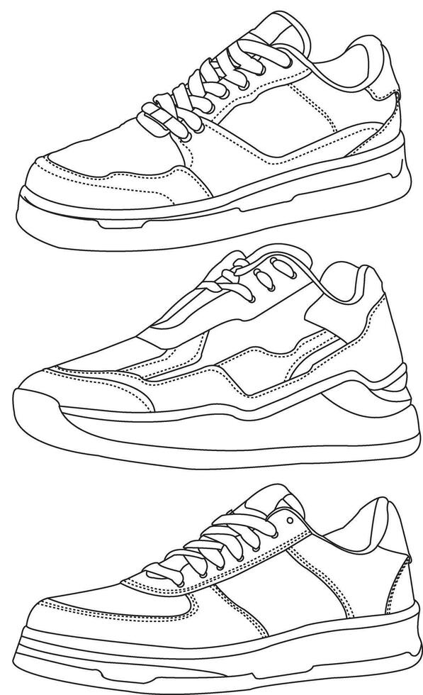 Shoes sneaker outline drawing, Sneakers hand draw, Shoes outline, shoe Illustration, hand draw shoes,outline set vector