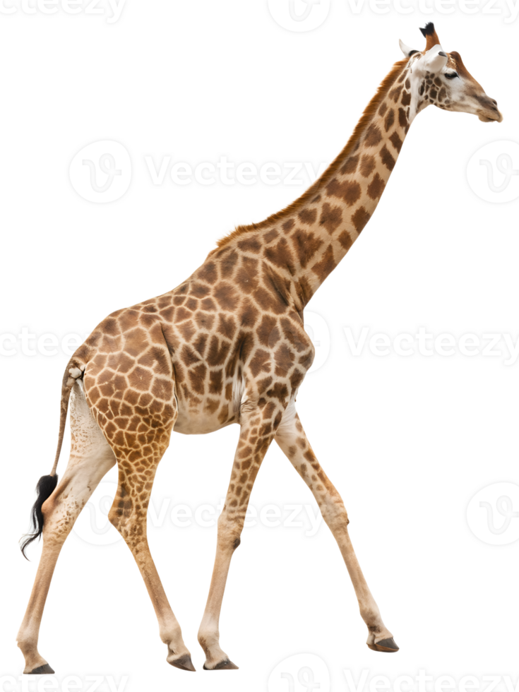 A Giraffe Walking on a solid white empty space, towards the camera, isolated on a transparent background png