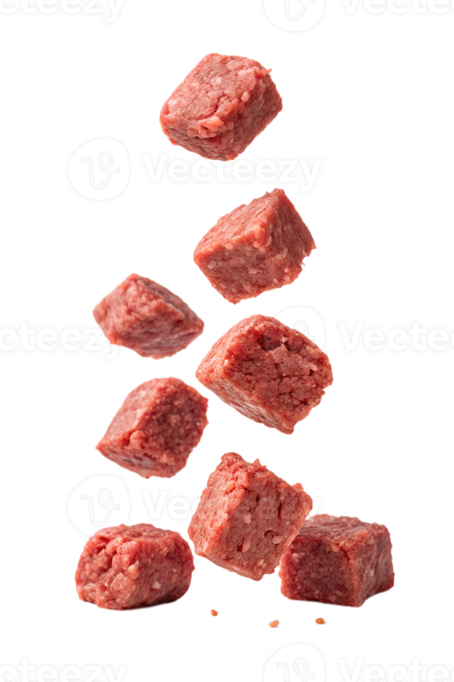 Ground beefs cut into pieces float in the air, separated, isolated on a transparent background png