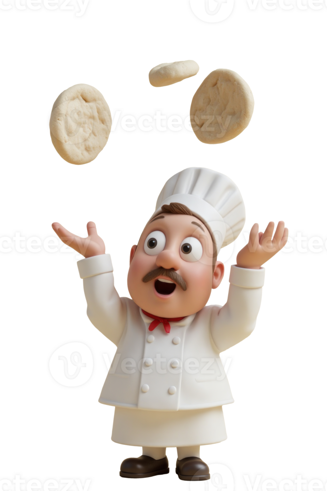 A 3D animated chef tossing pizza dough high in the air, looking surprised png