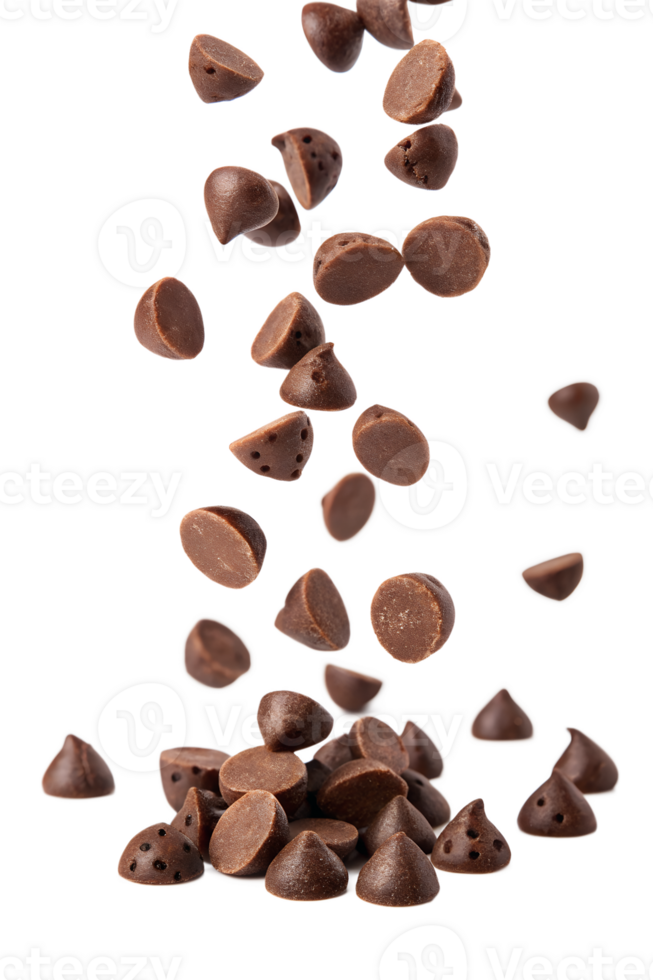 Chocolate Chips float in the air, separated, isolated on a transparent background png