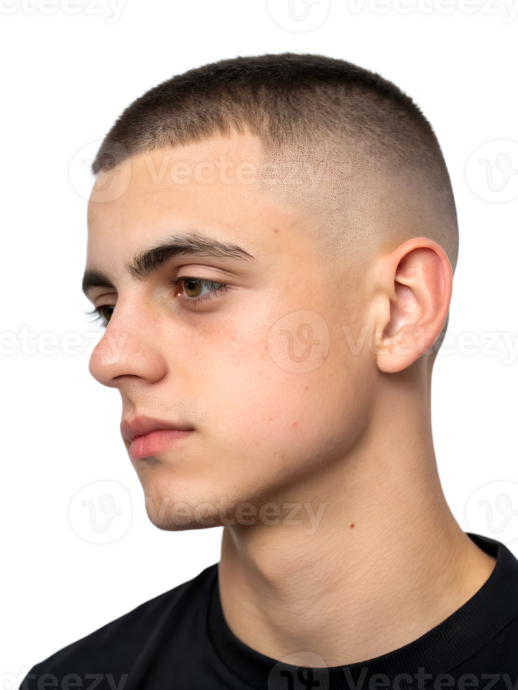 Close-up portrait showing a young man's Crew cut hairstyle, isolated on a transparent background png