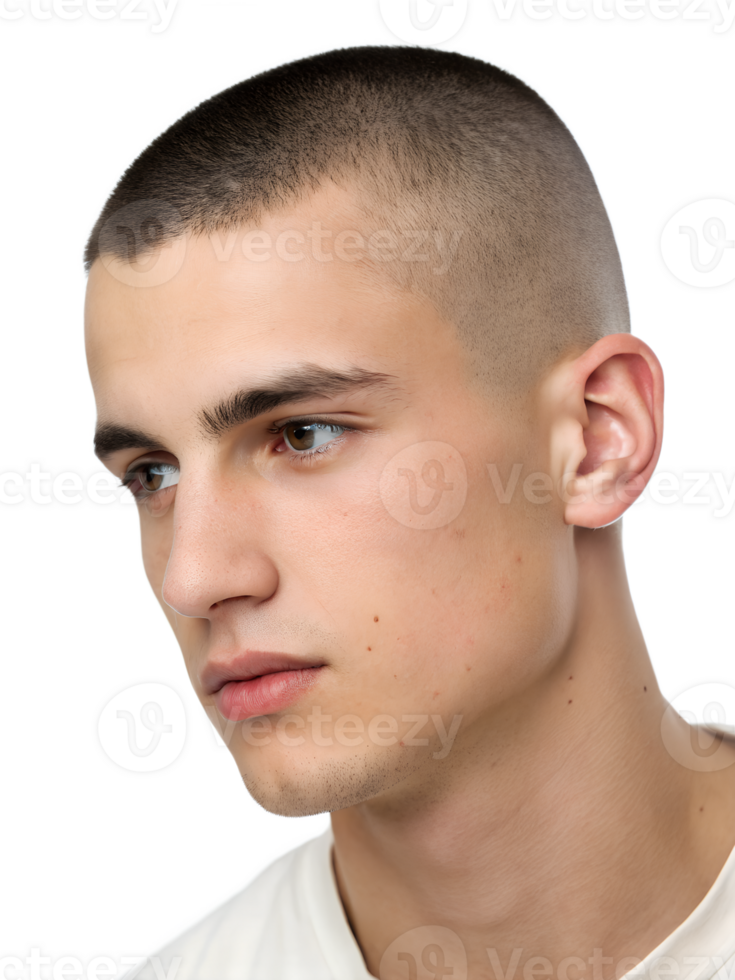 Close-up portrait showing a young man's Crew cut hairstyle WITH WHITE SHIRT, isolated on a transparent background png