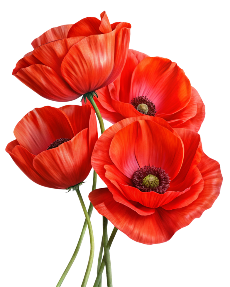 High Detail Red Poppies Flowers in Transparent Background png