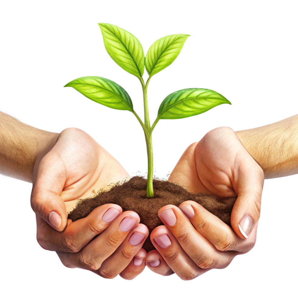 Hands Surrounding a Young Plant Sprout with Care in Transparent Background png