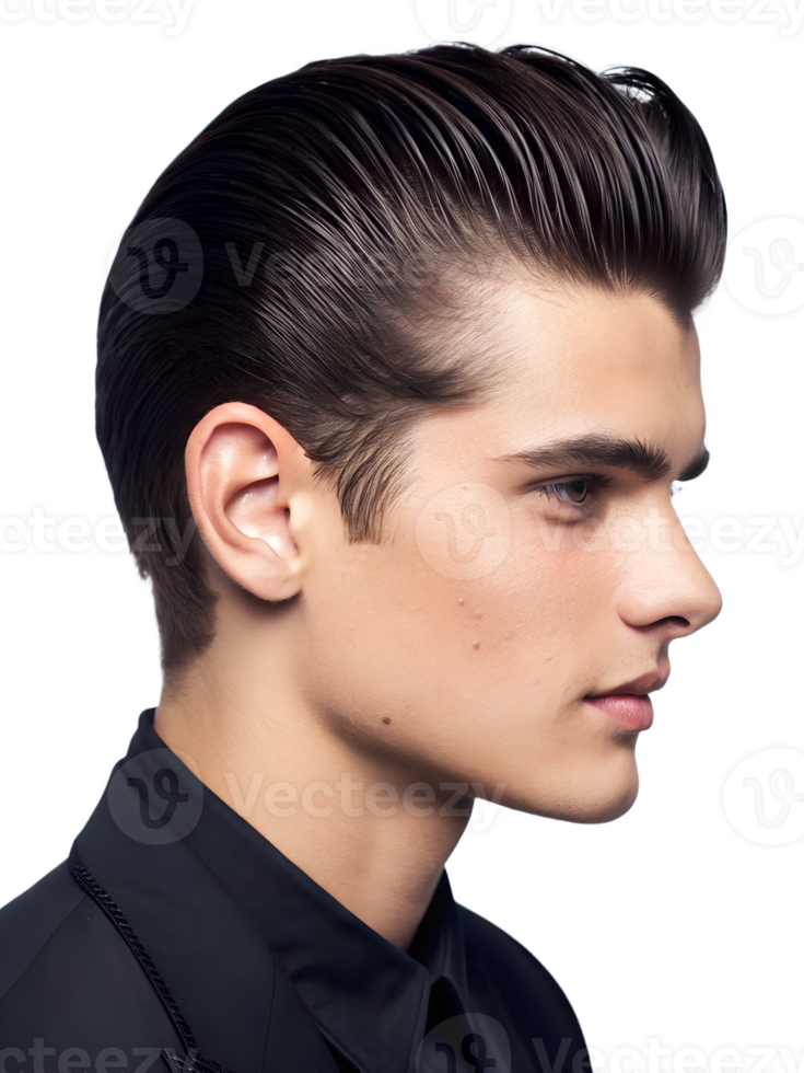 Close-up portrait showing a young man's Slicked Back Hairstyle, isolated on a transparent background png