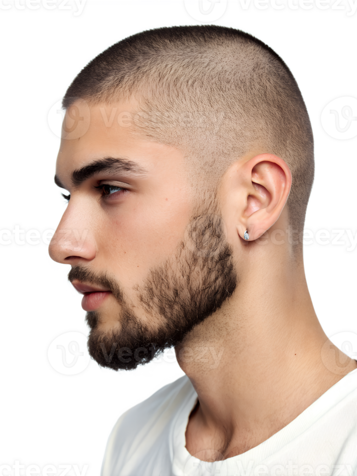 Close-up portrait showing a young man's Crew cut with Beard hairstyle, isolated on a transparent background png