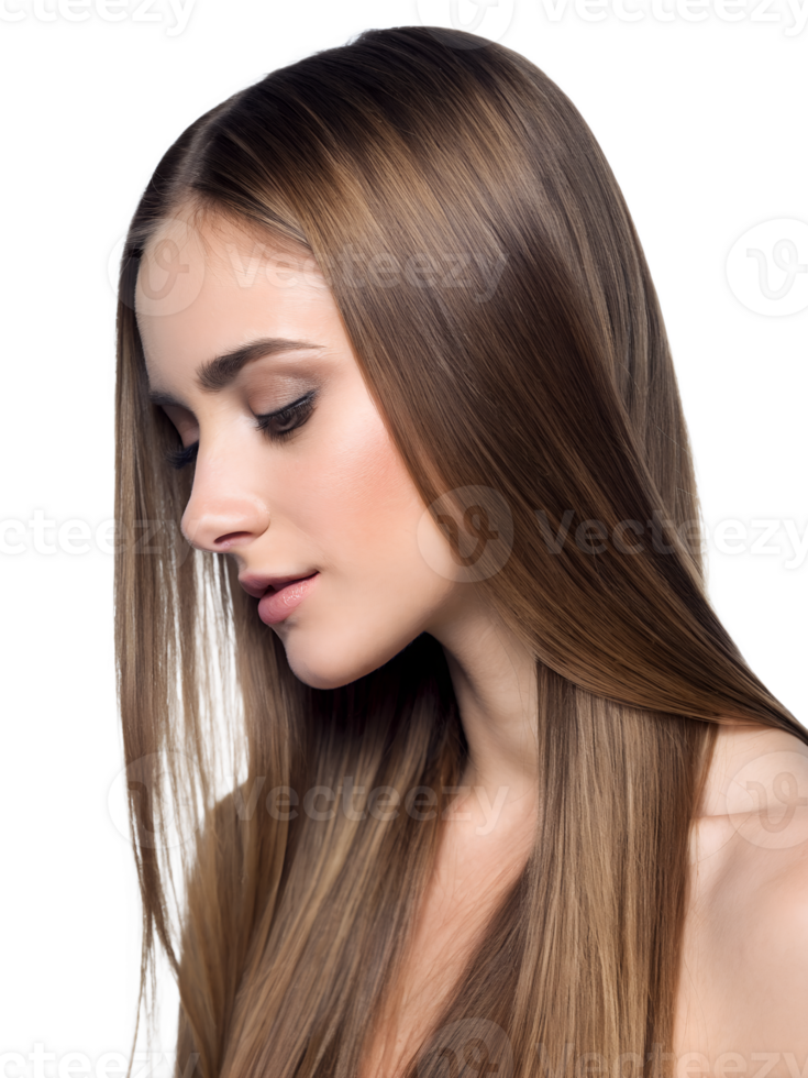 Close-up portrait showing a young woman's brown Straight hair hairstyle, isolated on a transparent background png