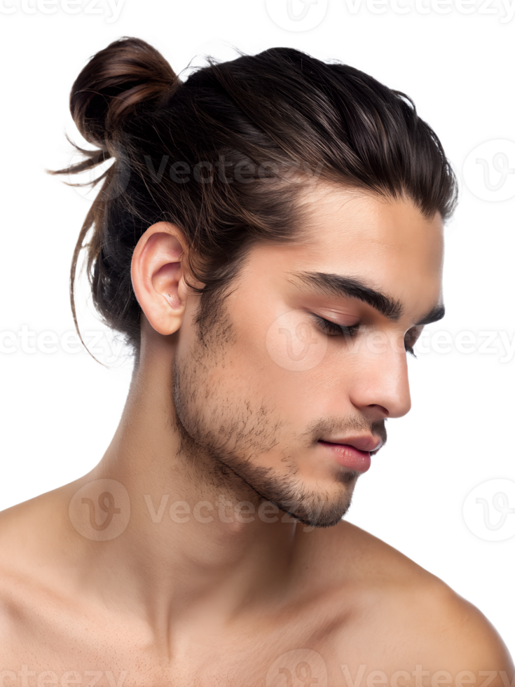 Close-up portrait showing a young man's Man Bun Hairstyle, isolated on a transparent background png