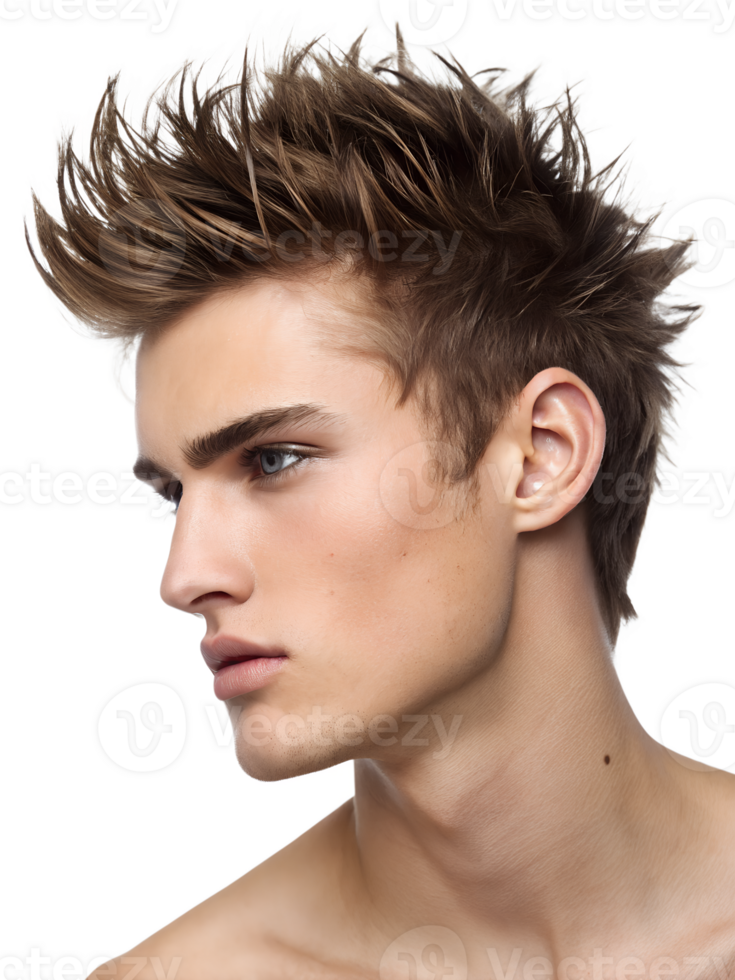 Close-up portrait showing a young man's Spiky Hairstyle, isolated on a transparent background png