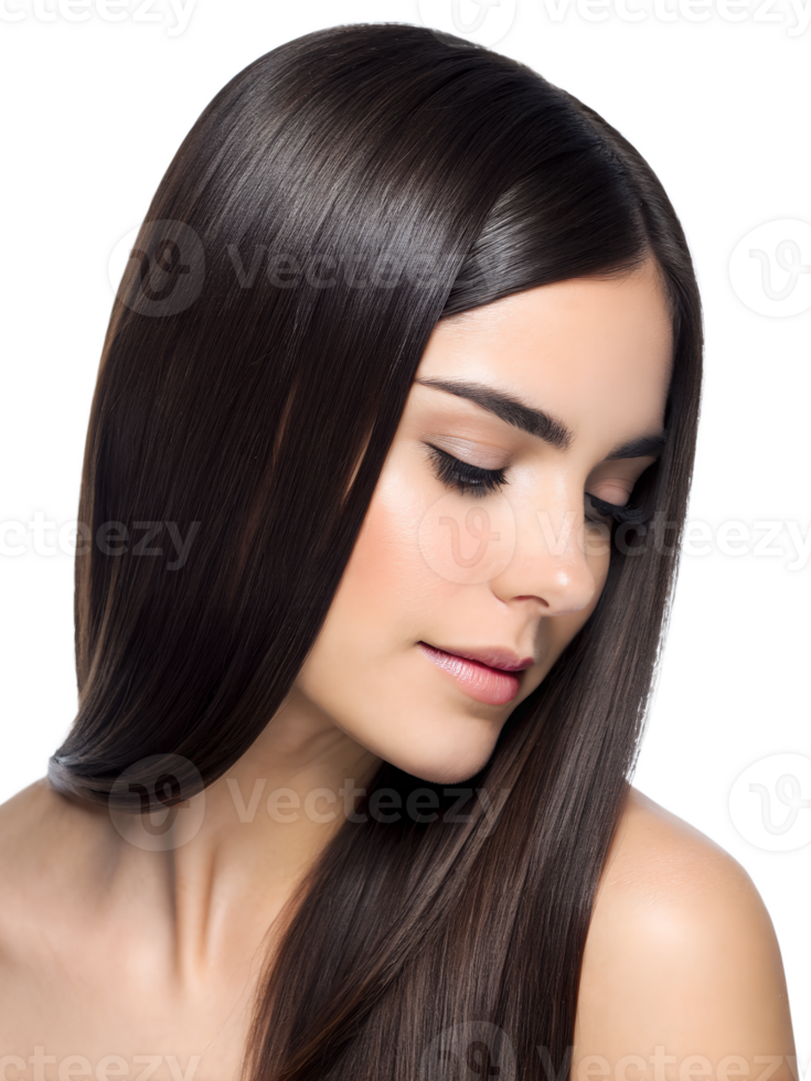 Close-up portrait showing a young woman's black Straight hair hairstyle, isolated on a transparent background png
