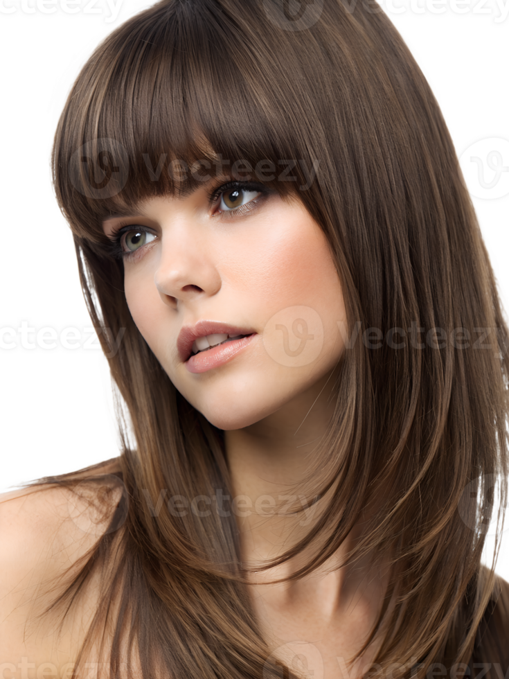 Close-up portrait showing a young woman's Bangs hairstyle, isolated on a transparent background png