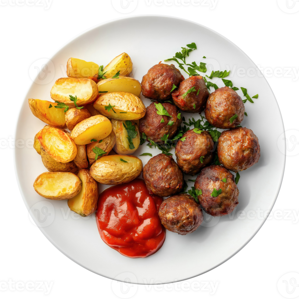 A plate of meatballs with sauce and potatoes with parsley, isolated on a transparent background png