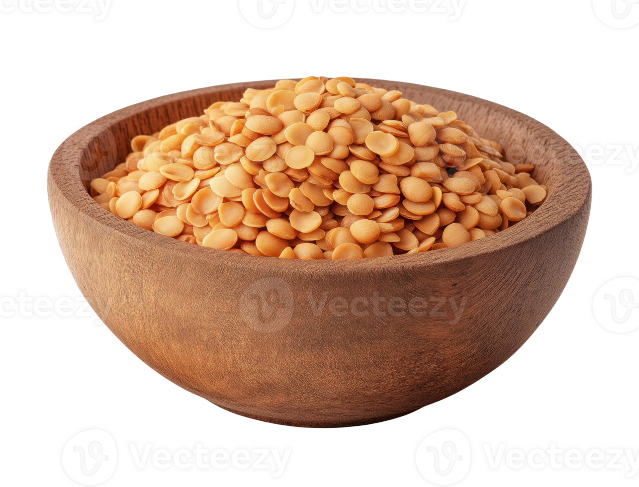 Wooden bowl with red lentils isolated on a transparent background png