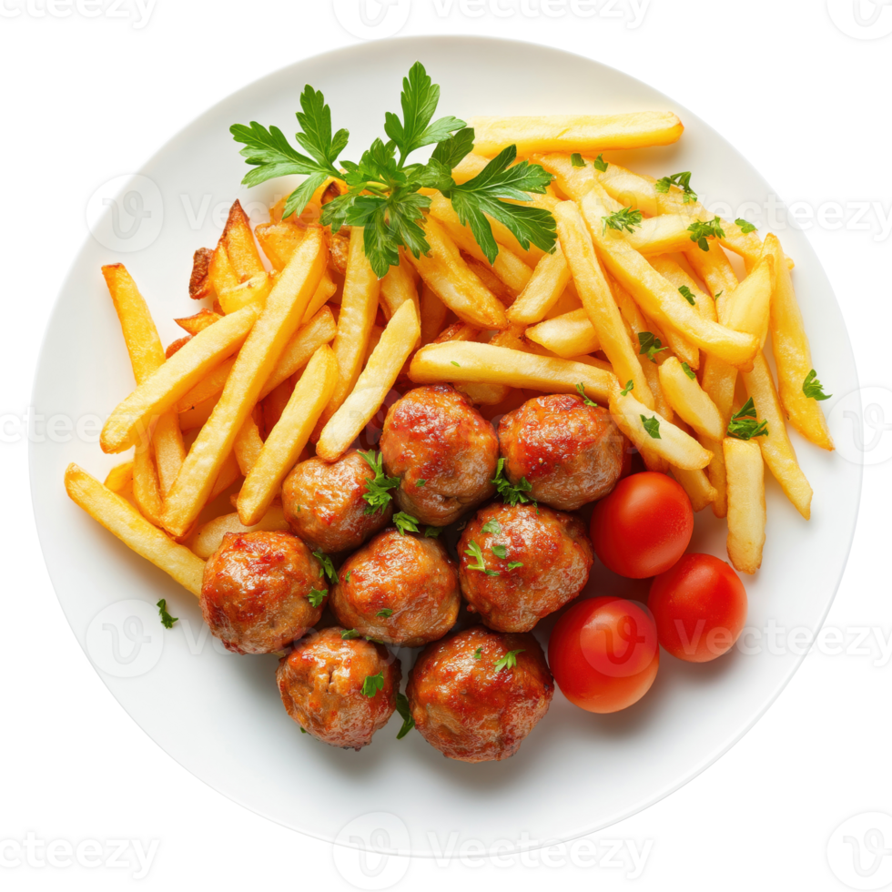 Plate of french fries and meatballs with a tomatoes, isolated on a transparent background, top view png