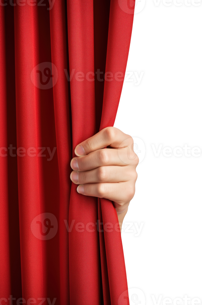 Hand pulling aside a red curtain, isolated on a transparent background png