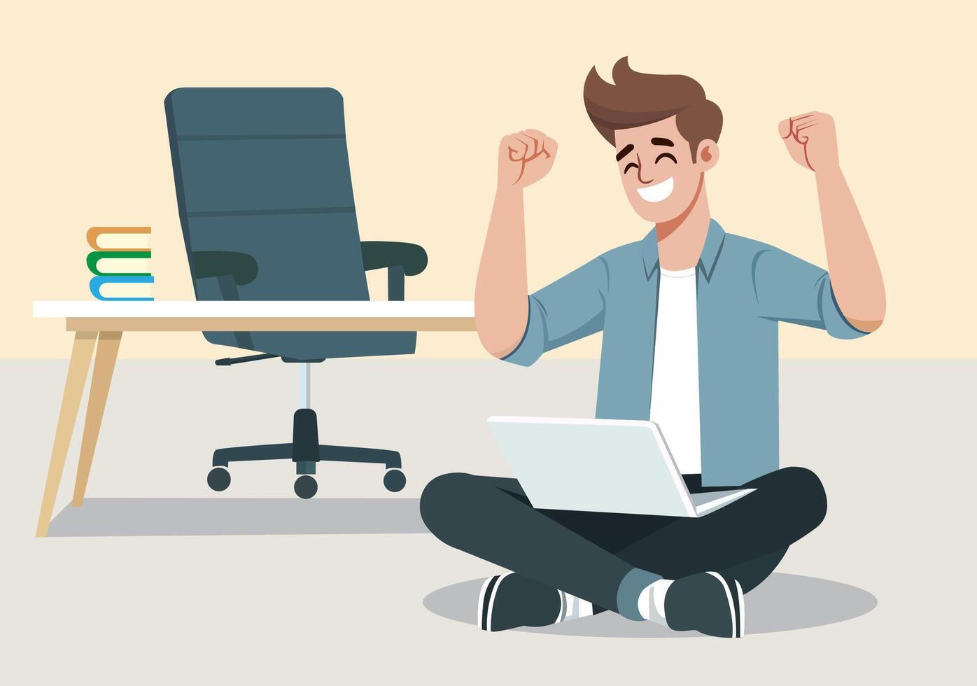 When the young man completed his mission, he raised his hands in a cheer of satisfaction. vector