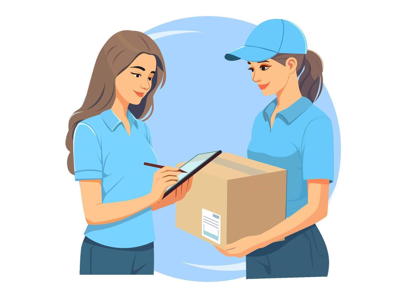 The delivery man is asking the customer to sign to confirm receipt of the goods. vector