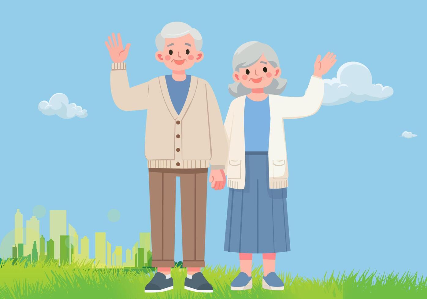 Grandpa and grandma waved their hands in joy. vector