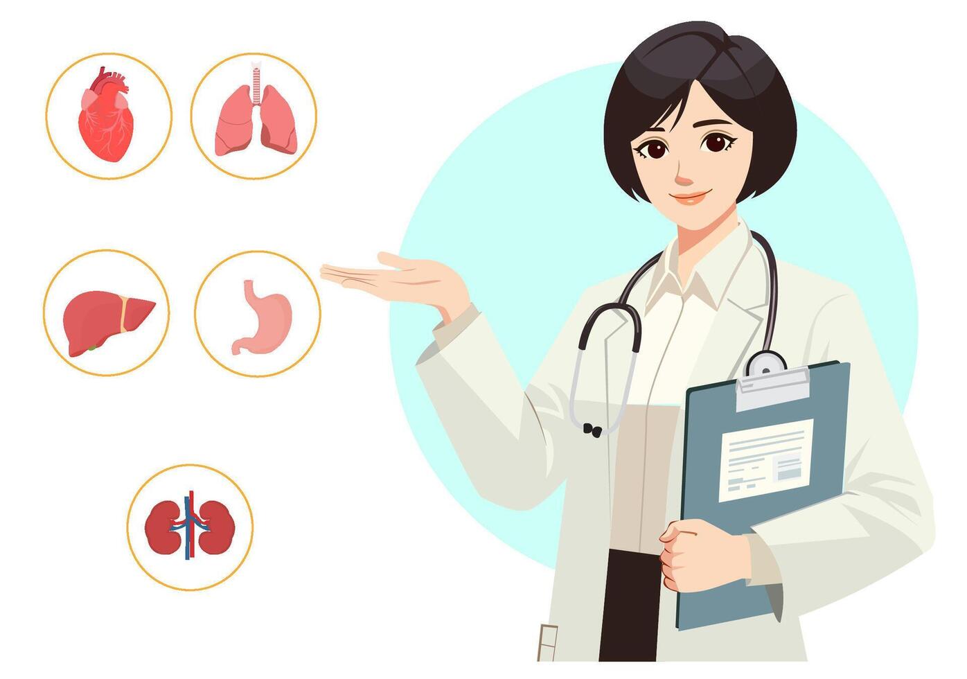 The female doctor waved her hand to the side. vector