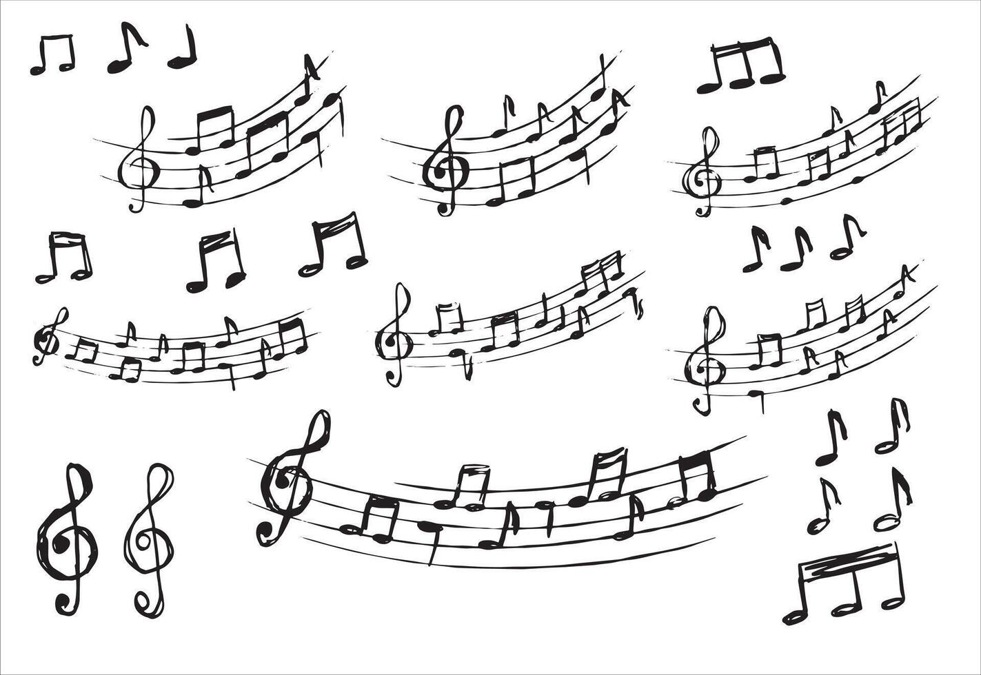 Music note. Set of Simple sound sheet drawing. Black and white doodle melody tone and music key. Musical sketch design. Creative retro musical song vector