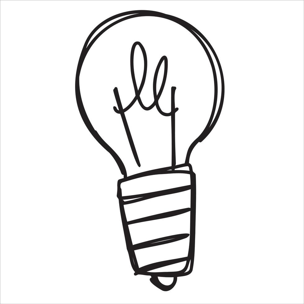Lightbulb drawing. Light Bulb idea invention. Black and white inspiration illuminated symbol. Simple line glass doodle electrical lamp vector