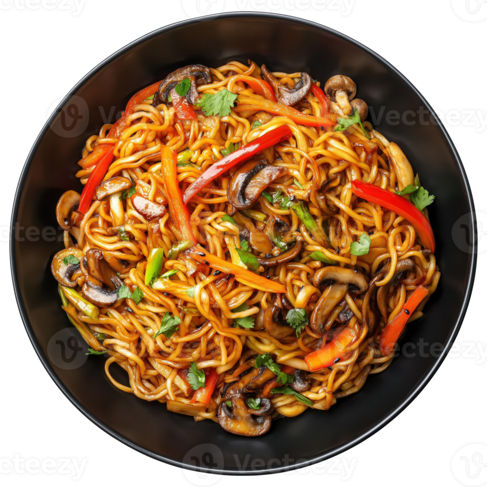 Wok noodles with vegetables and mushrooms in a black bowl, isolated on a transparent background png