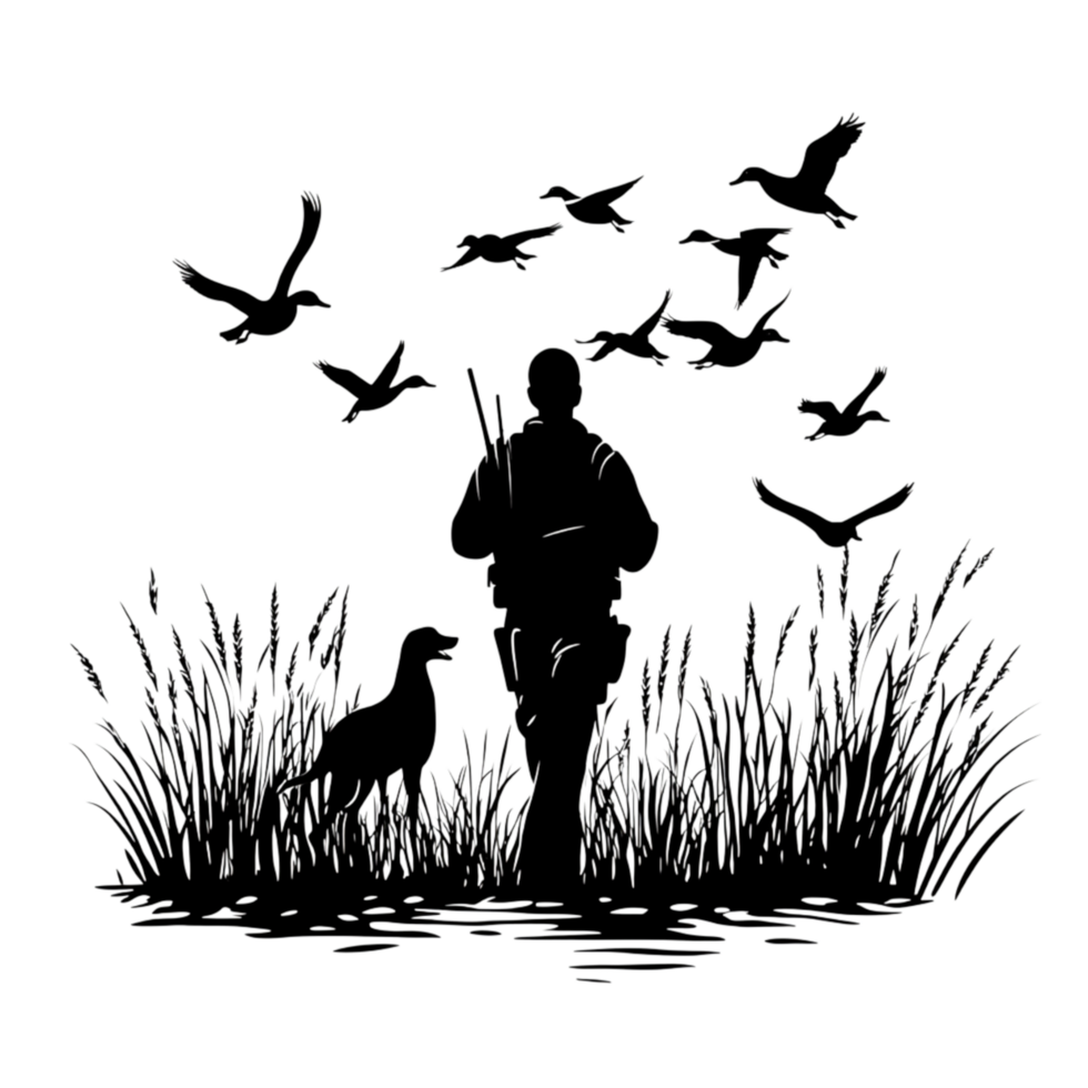 Duck hunting silhouette hunter with dog and flying ducks art png