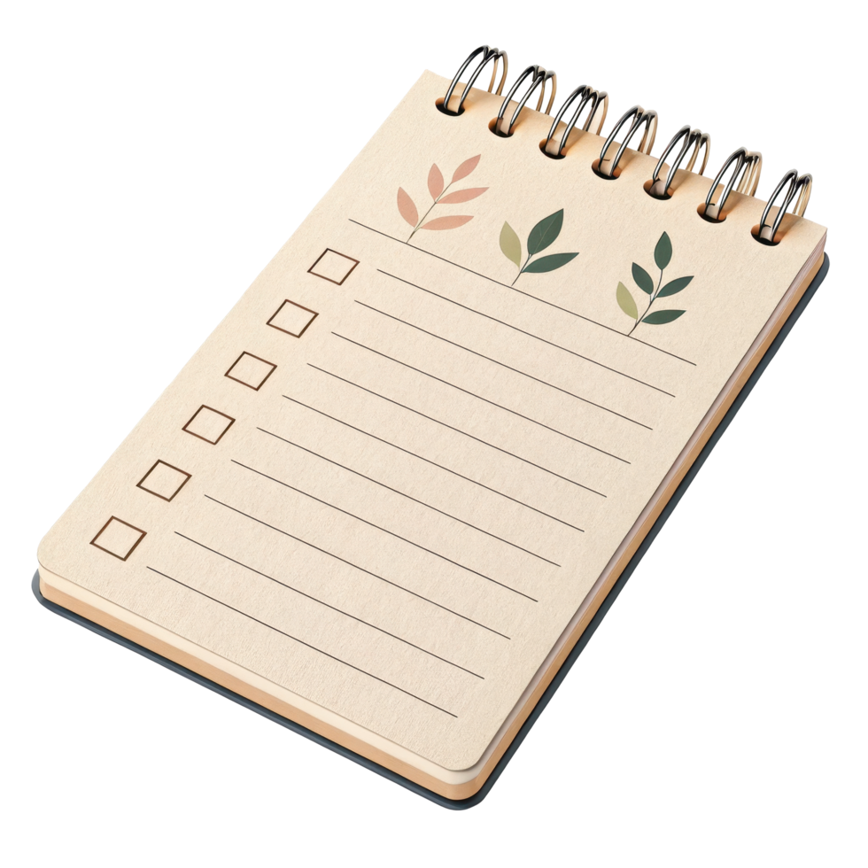 A minimalist memo notepad with structured bullet points and natural leaf png