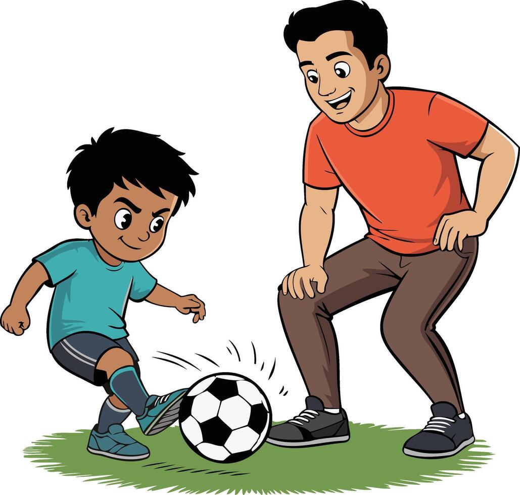 father and son playing soccer together flat character illustration vector