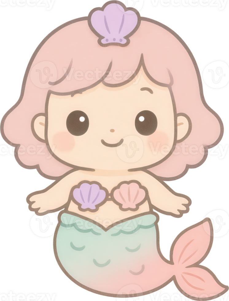 Adorable and whimsical of a young friendly mermaid with a vibrant pink tail shell hair accessory png