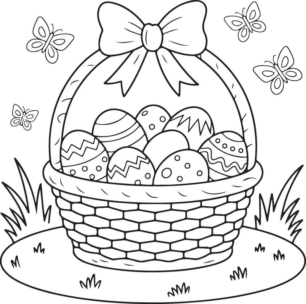 Easter egg basket coloring page line art drawing silhouette with butterflies vector