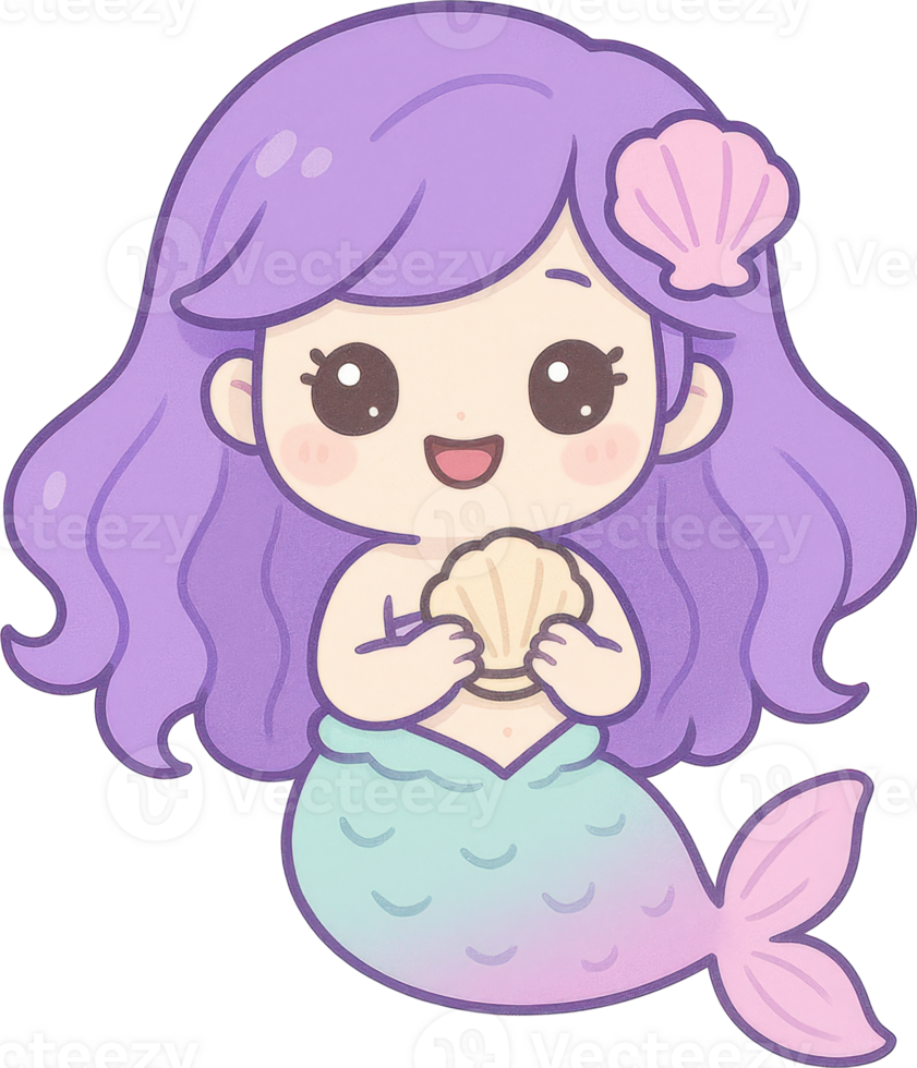 Cheerful Mermaid Character with purple hair and a colorful tail png