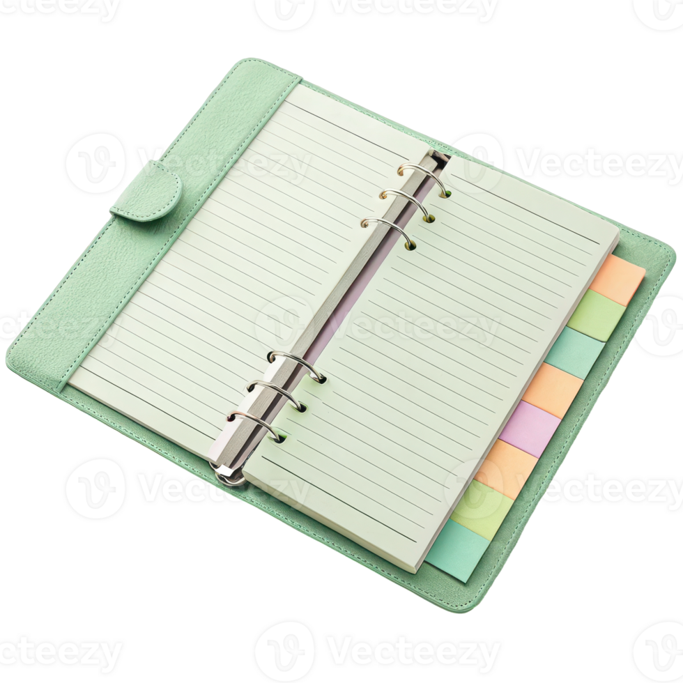 un' verde colorato foderato bloc notes con colorato appiccicoso schede per organizzazione e riferimento Appunti documenti png