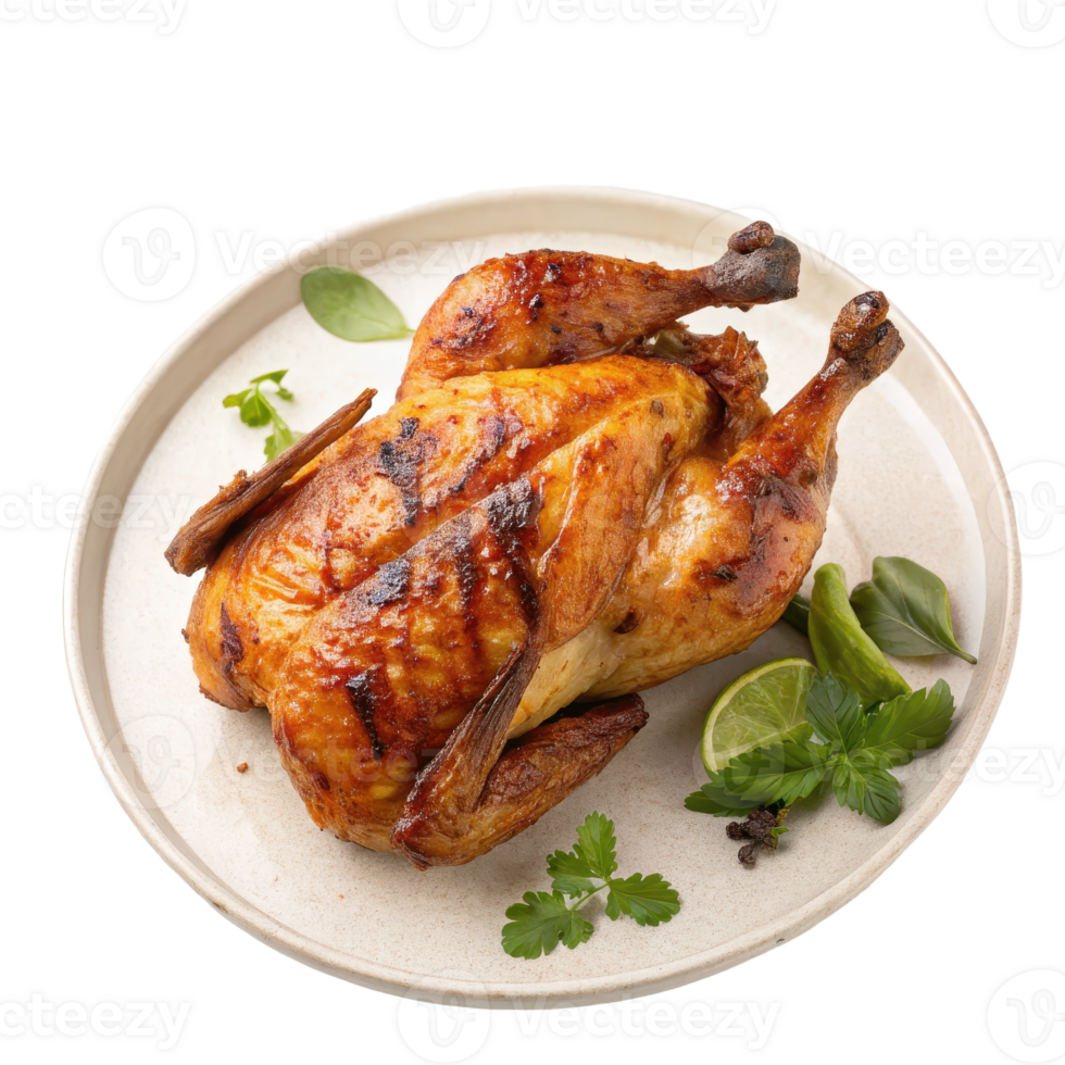 Tender and flavorful roasted chicken dish garnished with fresh herbs and served on a plate png