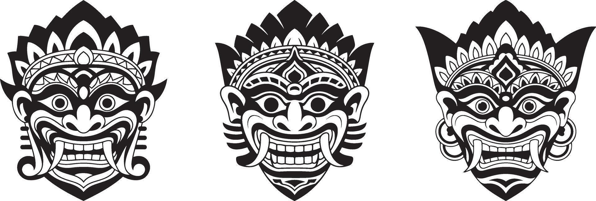 Three stylized Intricate Black and White Indonesian Demon Mask Design vector