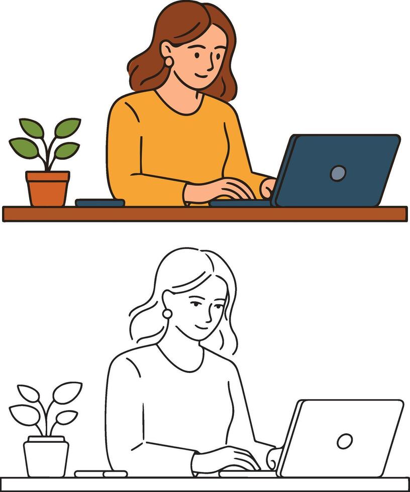 A simple flat illustration of a woman working on a laptop at a desk with a plant vector