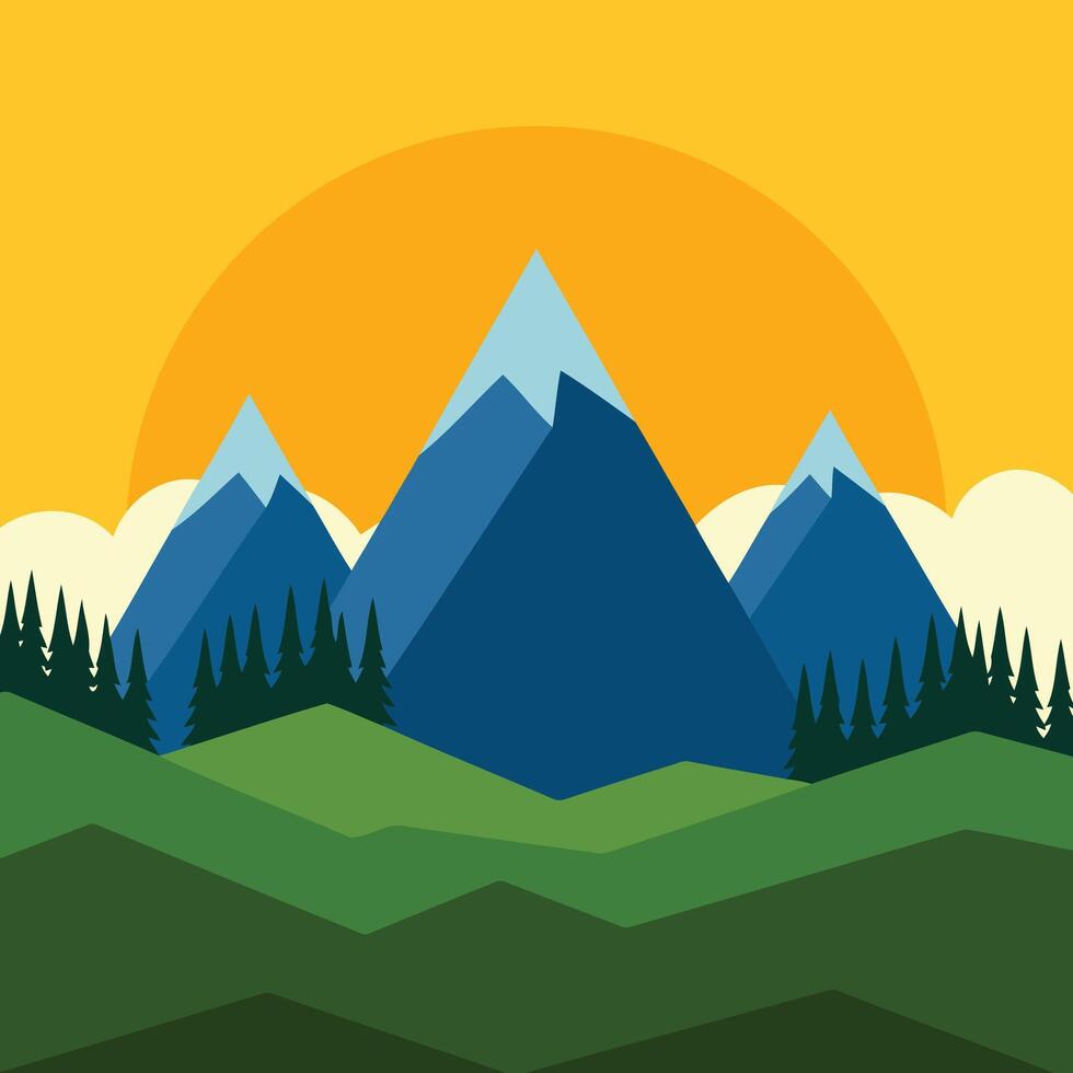 Colorful flat illustration design image depicts a serene mountain landscape at sunrise. vector