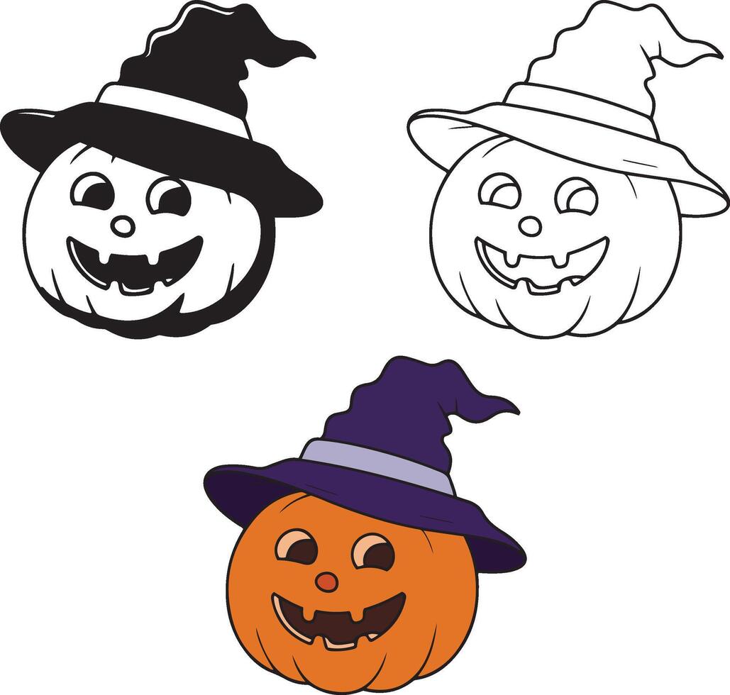 Cute Halloween Pumpkin with Witch Hat Coloring Pages vector