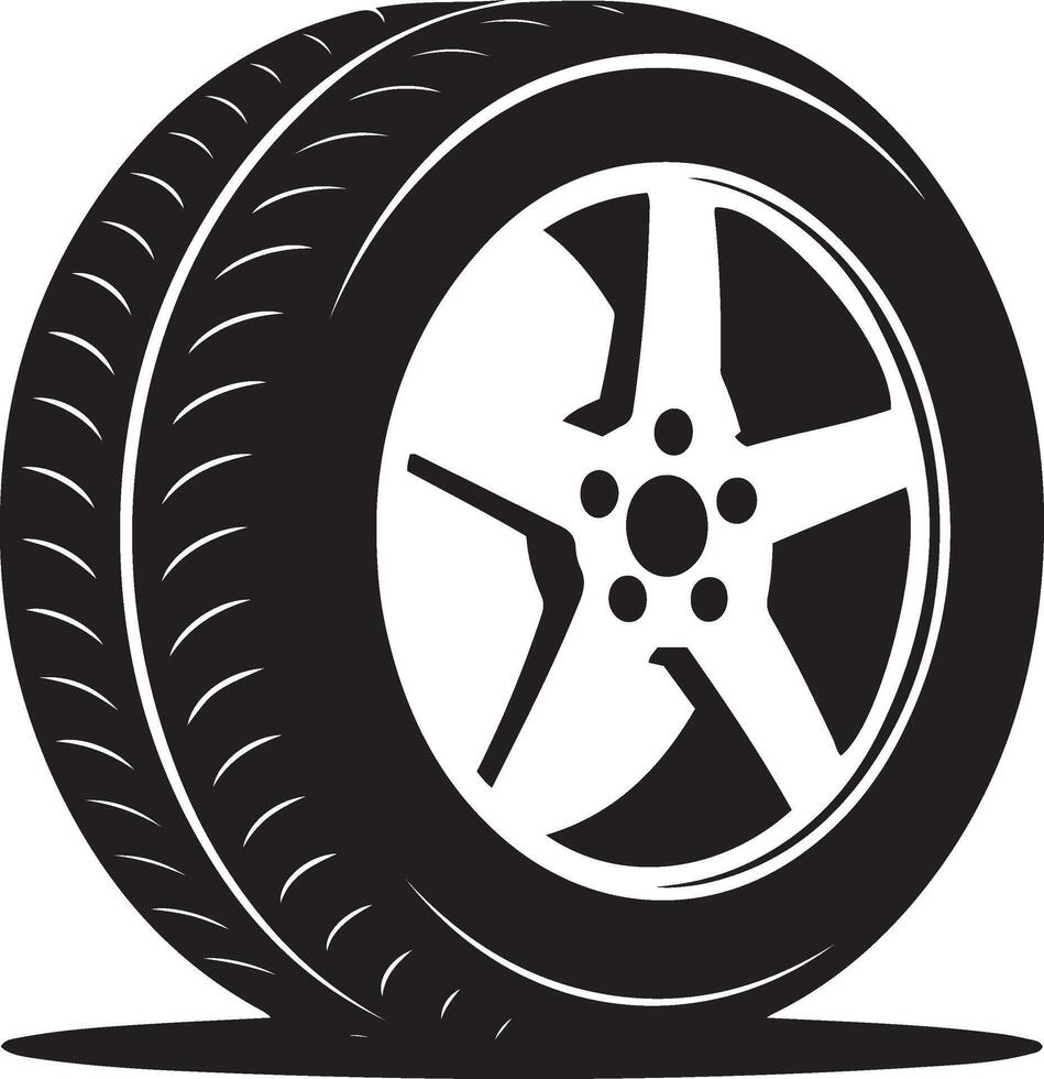 A simple, clean, black and white graphic of a car tire and wheel. vector