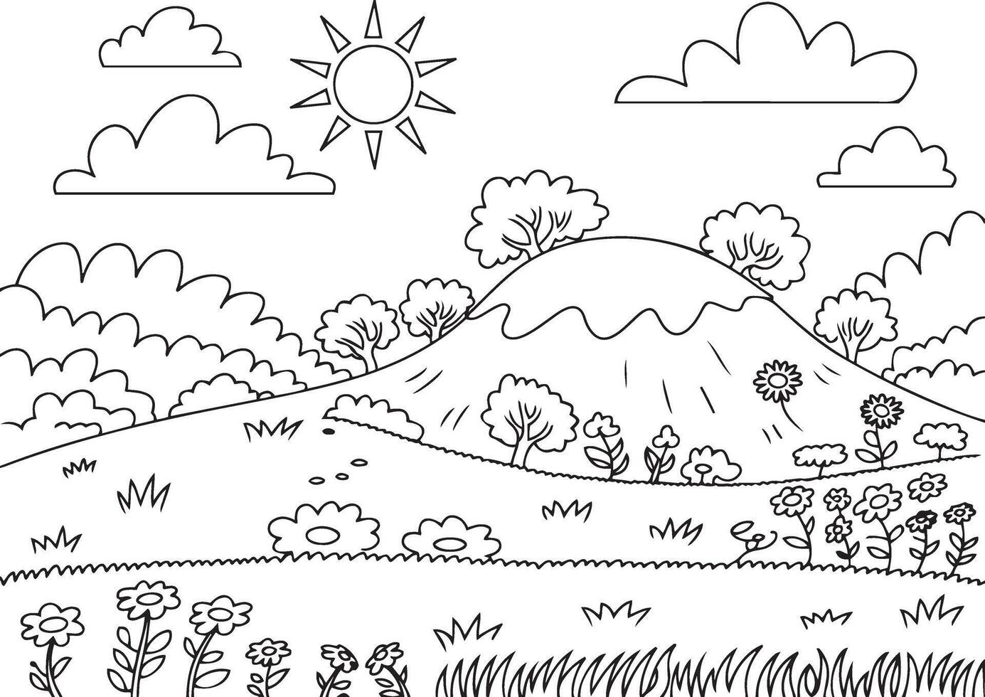 Black and White Coloring Page of a Hilly Landscape vector