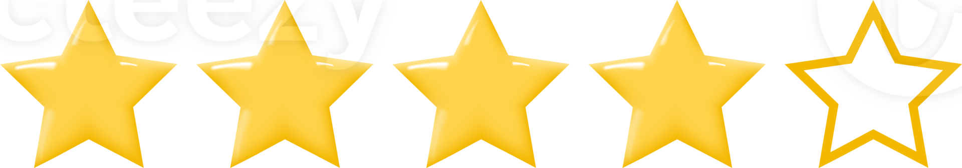 Horizontal row of five golden stars with one outlined star. Isolated on transparent background. png