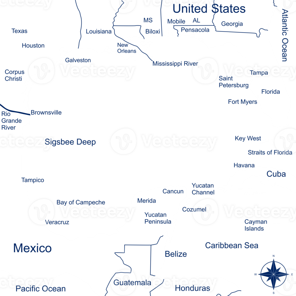 Map of the Gulf Coast, geographic area in the extreme southern United States along the northern portion of the Gulf of Mexico. Eaysy to use and Flat Style png