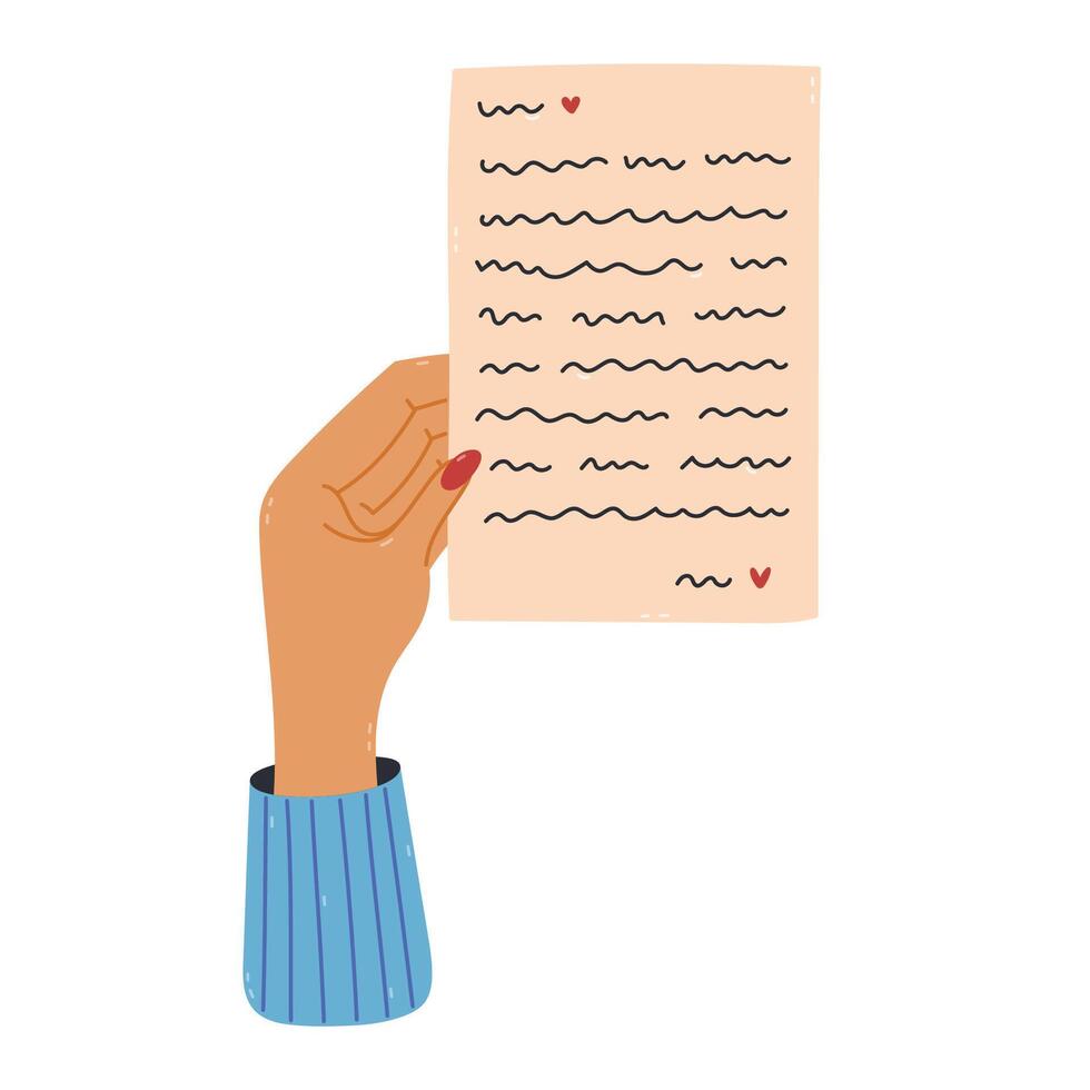 Lovely cartoon female arm holding handwritten romantic letter with hearts top view. Hand drawn paper sheet in lady hand. Concept of sending mail, woman reading post concept isolated on white. vector