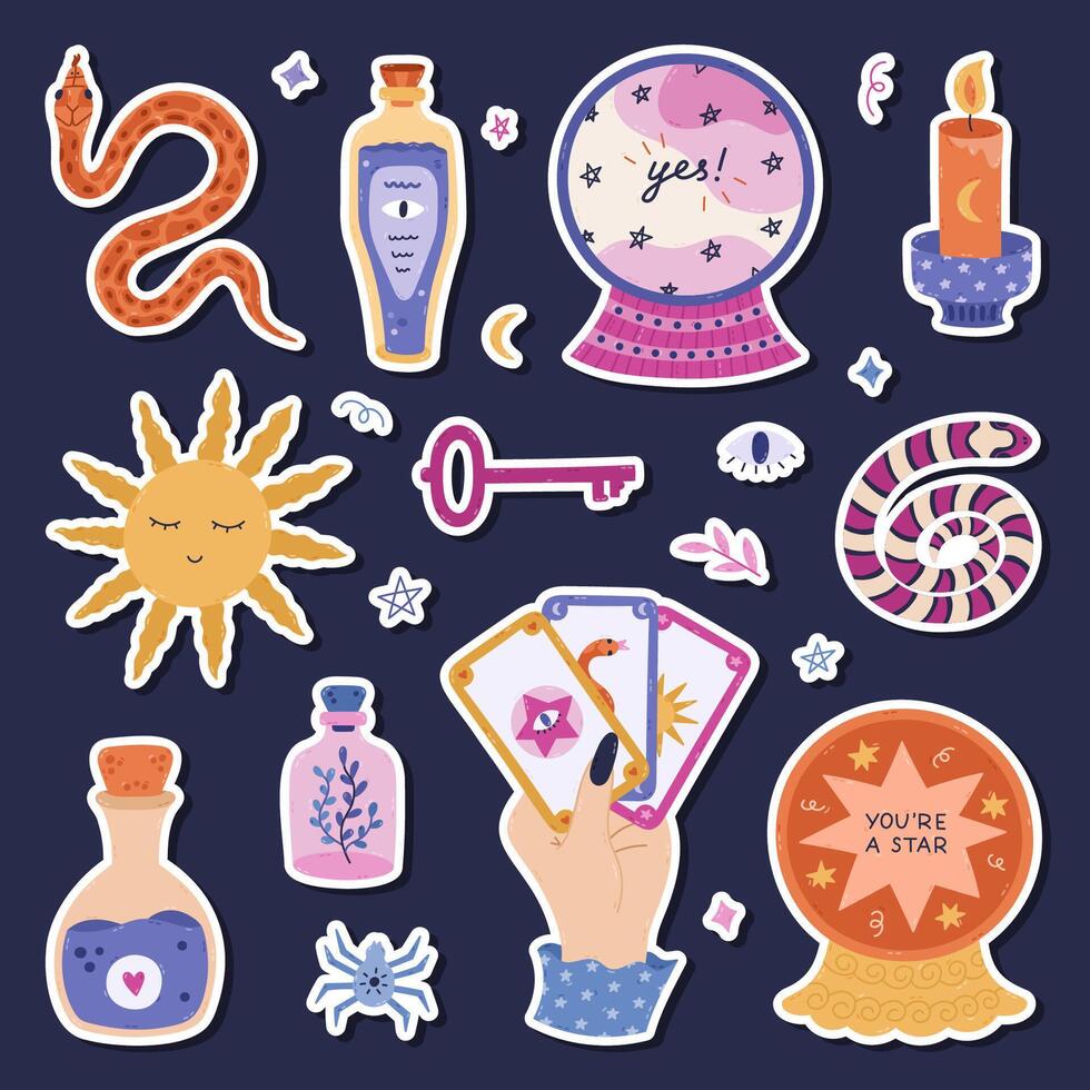Lovely cartoon magical and fortuneteller sticker set with witchcraft symbols for planners, notebooks, diary. Ready for print list of cute stickers of snake, forecast in crystal ball, tarot Sun. vector