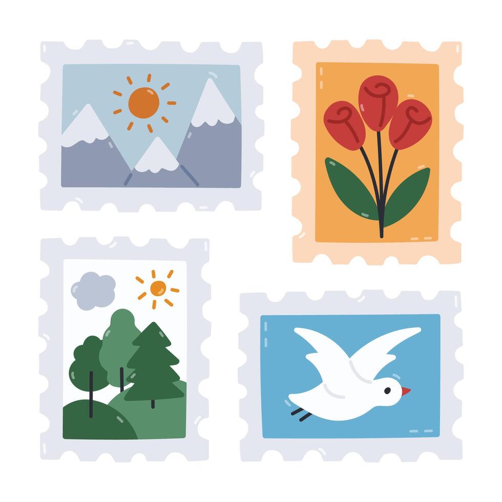 Lovely cartoon postage stamp set with adorable picture of sea gull, mountains view, roses, forest landscape. Trendy hand drawn postmark with print for letter, postcard, sending mail isolated on white. vector