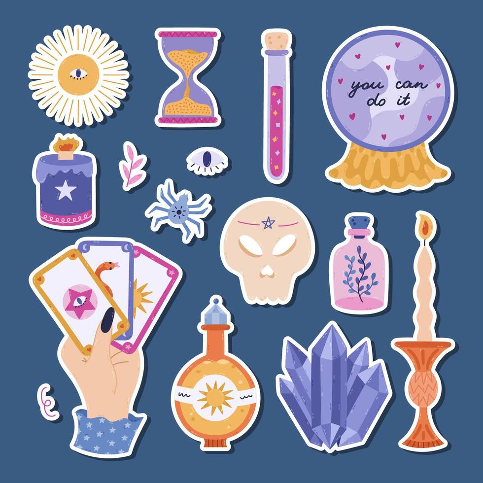Lovely cartoon witchcore and astrology sticker set for planners, notebooks, scrapbook. Ready for print list of stickers of hand with tarot, wizard glass ball, ritual candle, gems, magic sun liquid vector