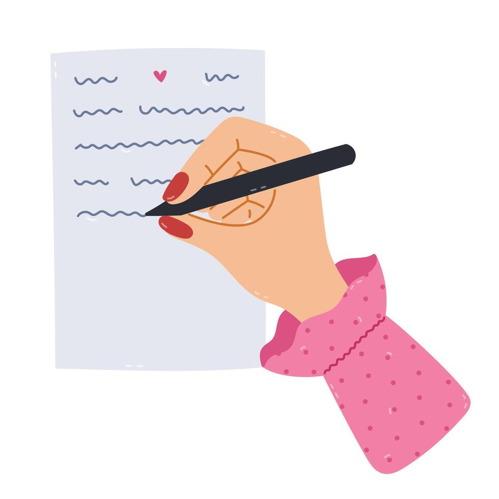 Lovely cartoon women hand writing a love letter with pen. Hand drawn arm in female shirt with manicure write on paper sheet. Sending mail, correspondence post concept isolated on white. Top view. vector