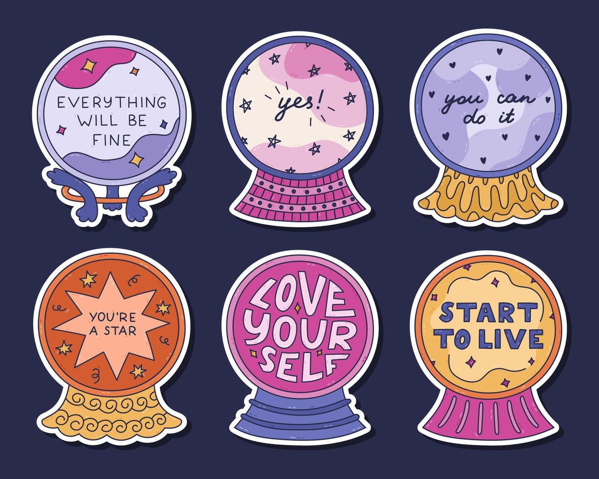Lovely colorful doodle sticker set with magical crystal ball with positive forecast for planners, notebooks. Ready for print list of stickers of ball of fortune teller with motivational lettering. vector