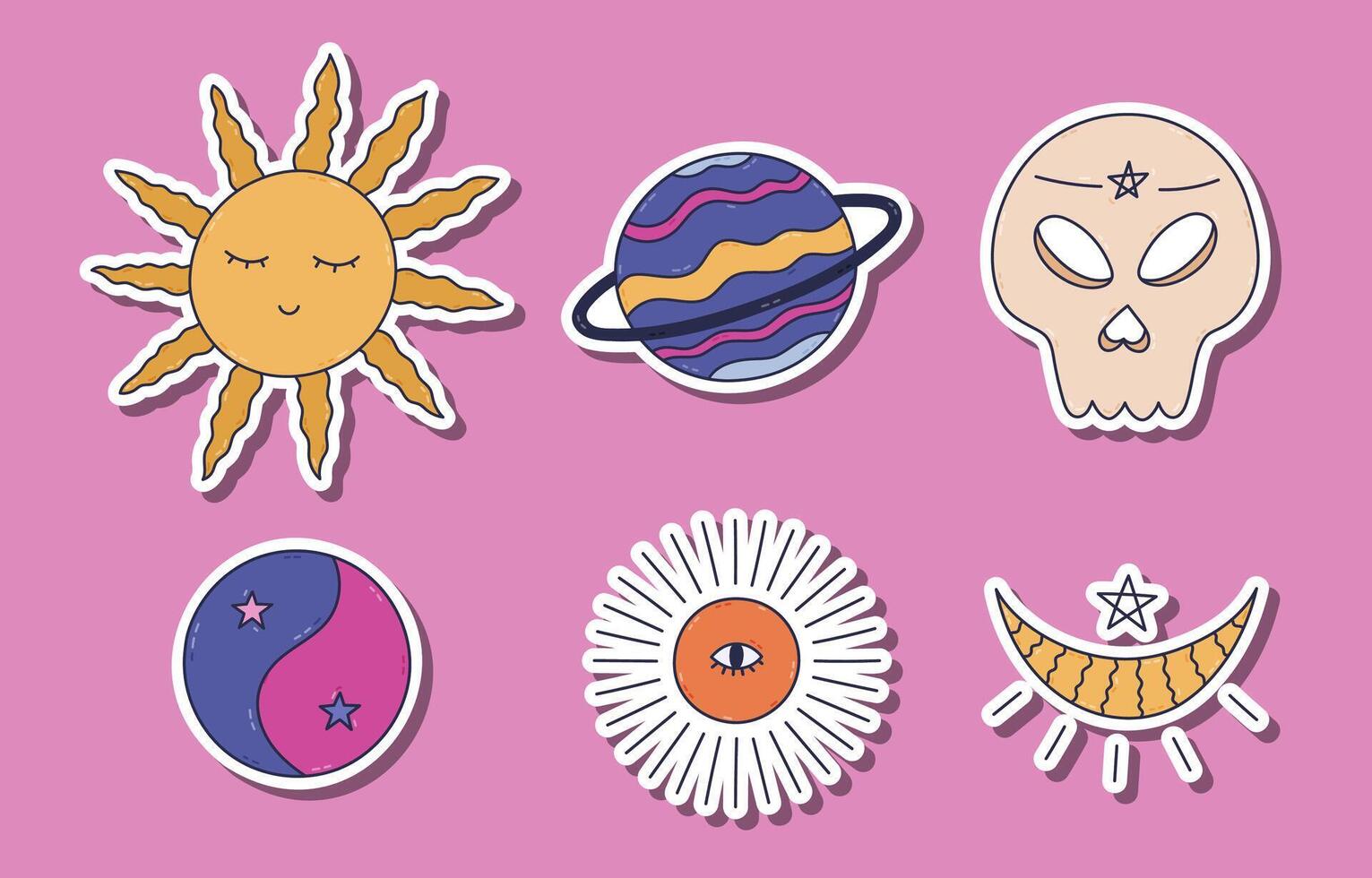 Lovely colourful doodle astrology sticker set for planners, notebooks. Ready for print list of cute stickers of esoteric sun symbol, human skull, crescent moon, tarot sunshine, planet. vector
